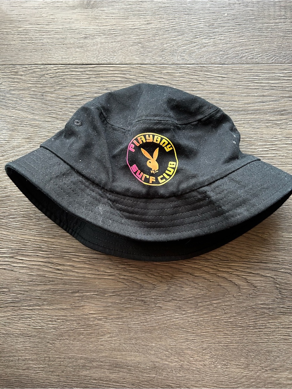PLAYBOY Black Bucket Hat with Yellow and Pink Logo